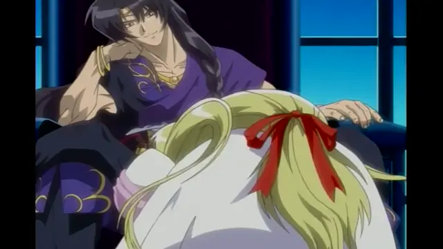 A man with long black hair and a muscular build sits on a chair wearing a purple kimono, with a blonde woman in a white dress bent over his lap in front of a blue window. Screenshot from Elfina: Yoru e to Urareta Oukoku de... - Episode 1