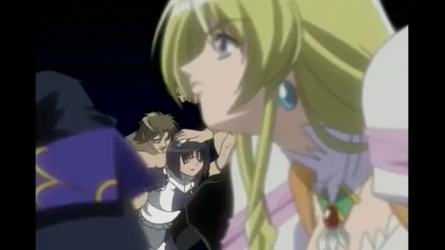 A blonde woman in a white and pink outfit looks down at a black-haired girl being held by a muscular man in the background. Screenshot from Elfina: Yoru e to Urareta Oukoku de... - Episode 1
