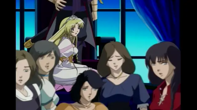 In a throne room, a blonde anime woman in a white dress sits on a throne next to a man, surrounded by five other anime women looking on with various expressions. Screenshot from Elfina: Yoru e to Urareta Oukoku de... - Episode 1