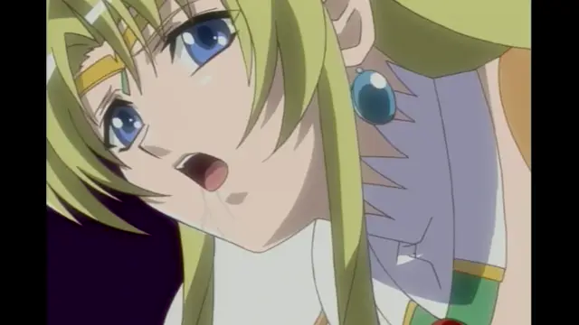 A shocked anime girl with blonde hair and blue eyes stares with a wide-eyed, open-mouthed expression and sweat on her face. Screenshot from Elfina: Yoru e to Urareta Oukoku de... - Episode 1
