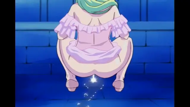 A full-body shot shows a girl from behind in a pink frilly outfit as she squats in a blue tiled bathroom, with light reflecting off her vulva. Screenshot from Elfina: Yoru e to Urareta Oukoku de... - Episode 1