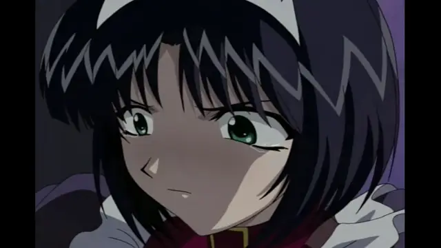A close-up shot of a girl with black hair, green eyes, and a white headband looks slightly downward with a serious expression. Screenshot from Elfina: Yoru e to Urareta Oukoku de... - Episode 1