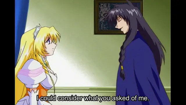 A tall, dark-haired man in a blue robe looks down at a petite, blonde woman in a white and orange outfit as she looks up at him, with the subtitle "I could consider what you asked of me." appearing at the bottom of the frame. Screenshot from Elfina: Yoru e to Urareta Oukoku de... - Episode 1