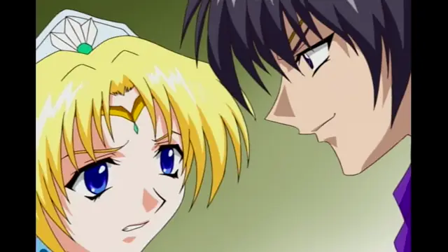 A blonde woman with a crown and a black-haired man with a sly expression lean towards each other, looking into each other's eyes. Screenshot from Elfina: Yoru e to Urareta Oukoku de... - Episode 1