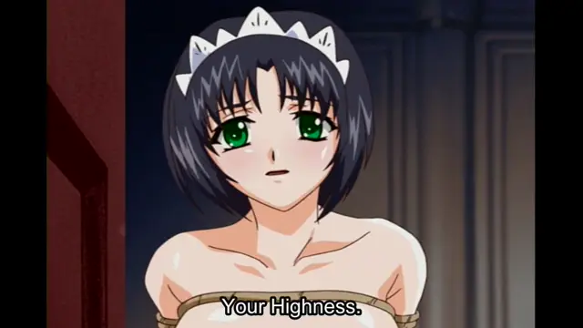 An anime girl with black hair and a crown is bound with rope, looking distressed with tears in her eyes as a subtitle reads "Your Highness.". Screenshot from Elfina: Yoru e to Urareta Oukoku de... - Episode 1