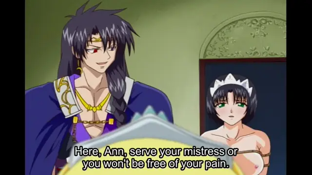 A long-haired male character with a crown and a female character in a white bikini stand in a room as a subtitle reads, "Here, Ann, serve your mistress or you won't be free of your pain.". Screenshot from Elfina: Yoru e to Urareta Oukoku de... - Episode 1