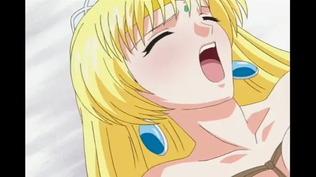 A blonde anime girl with blue earrings and a white headband lies on a white bed with her eyes closed and her mouth open in an expression of pleasure. Screenshot from Elfina: Yoru e to Urareta Oukoku de... - Episode 1