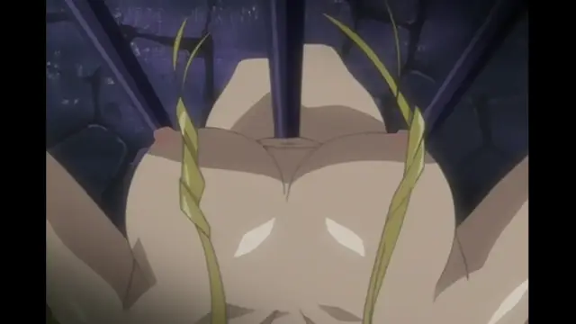 A close-up shot shows a woman's bare chest with large breasts and visible nipples as she is restrained by several dark bars over her body in a dungeon-like setting. Screenshot from Elfina: Yoru e to Urareta Oukoku de... - Episode 2