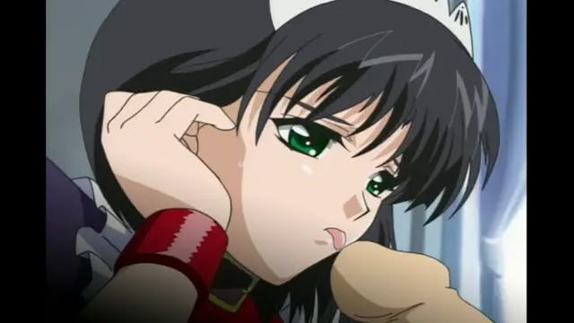 A black-haired anime girl in a maid outfit rests her head on her hand with a pouty, longing expression on her face while looking towards someone off-screen. Screenshot from Elfina: Yoru e to Urareta Oukoku de... - Episode 2