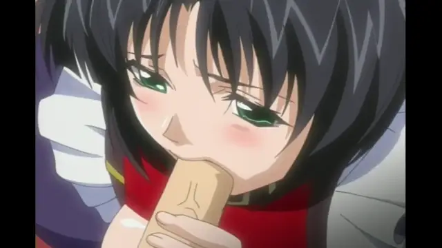 An anime girl with dark hair and green eyes blushing while she holds a large penis in her mouth. Screenshot from Elfina: Yoru e to Urareta Oukoku de... - Episode 2