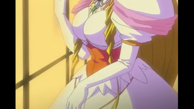 An anime girl with long blonde hair and large breasts wears a purple and pink dress with a red corset while standing in front of a window. Screenshot from Elfina: Yoru e to Urareta Oukoku de... - Episode 2