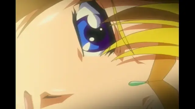 A close-up shot shows a blonde-haired anime girl with blue eyes and a blushing face, looking dazed with a small amount of saliva at the corner of her mouth. Screenshot from Elfina: Yoru e to Urareta Oukoku de... - Episode 2