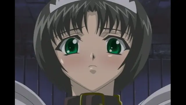A close-up shot of an anime girl with green eyes, blushing and sweating, who appears to be being masturbated or pleasured while wearing a headband and a buckled collar. Screenshot from Elfina: Yoru e to Urareta Oukoku de... - Episode 2