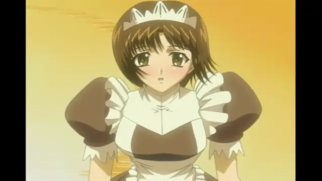 A brown-haired anime girl wearing a white and brown princess dress and a crown looks surprised against a yellow background. Screenshot from Elfina: Yoru e to Urareta Oukoku de... - Episode 2