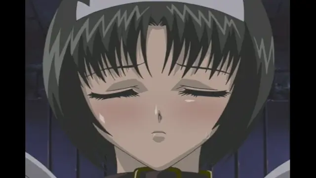 A close-up shot of an anime girl with dark hair and a white headband looks down with a blush on her face and a small bead of sweat on her cheek. Screenshot from Elfina: Yoru e to Urareta Oukoku de... - Episode 2