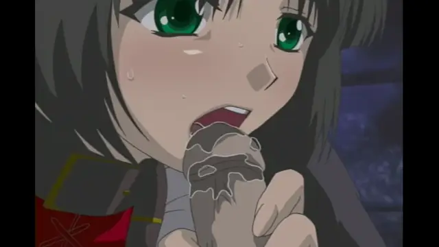 A blushing anime girl with large green eyes licks a chocolate soft-serve ice cream cone while looking at the viewer. Screenshot from Elfina: Yoru e to Urareta Oukoku de... - Episode 2