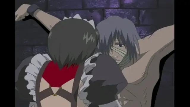 A shirtless man with long grey hair and a cloth tied around his head and mouth grips a woman with short dark hair from behind, who is wearing a ruffled black and red dress. Screenshot from Elfina: Yoru e to Urareta Oukoku de... - Episode 2