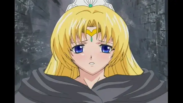 A blonde woman with blue eyes and a crown wears a black cloak and gazes blankly forward with a worried expression. Screenshot from Elfina: Yoru e to Urareta Oukoku de... - Episode 2