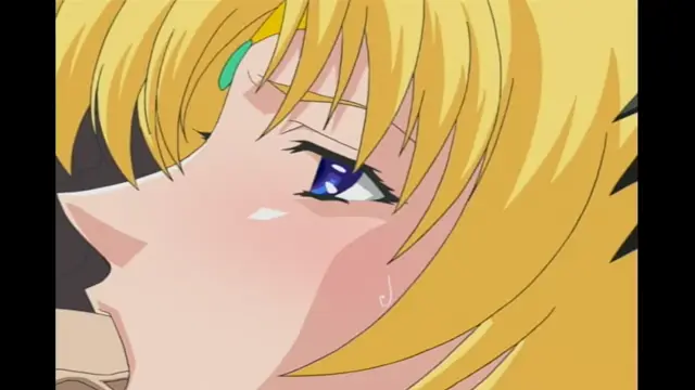 A close-up anime-style shot of a blushing girl with blonde hair and blue eyes looking downward with a dazed expression. Screenshot from Elfina: Yoru e to Urareta Oukoku de... - Episode 2