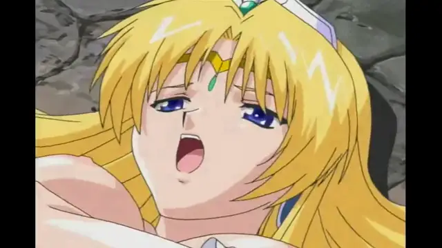 A close-up shot of a blonde woman with blue eyes and a headpiece, lying on a rocky surface with an open-mouthed, dazed expression as she is being penetrated from behind. Screenshot from Elfina: Yoru e to Urareta Oukoku de... - Episode 2