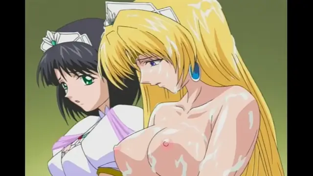 A blonde woman with large breasts and a maid outfit stands next to a black-haired girl wearing a white dress. Screenshot from Elfina: Yoru e to Urareta Oukoku de... - Episode 2