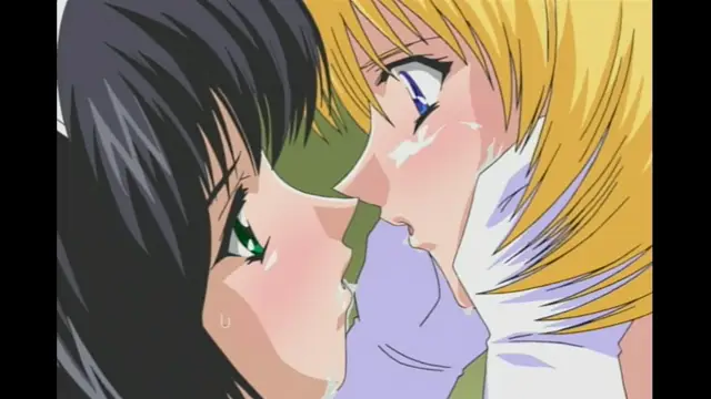 A close-up shot of two anime girls with black and blonde hair leaning in to share a wet, intimate kiss with drool on their lips. Screenshot from Elfina: Yoru e to Urareta Oukoku de... - Episode 2