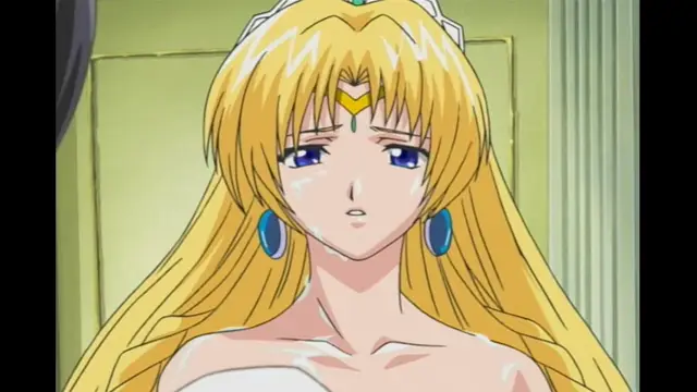A blonde-haired anime woman with blue eyes and a crown-like headpiece looks shocked and tearful with sweat on her skin. Screenshot from Elfina: Yoru e to Urareta Oukoku de... - Episode 2