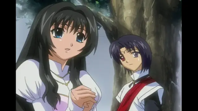 A close-up shot shows a long-haired woman in a white dress looking surprised as a short man with red eyes stands behind a tree looking at her. Screenshot from Elfina: Yoru e to Urareta Oukoku de... - Episode 3