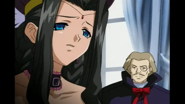 A sad-looking woman with long dark hair and a red forehead mark gazes ahead while a man with blonde hair and a mustache looks on from behind her. Screenshot from Elfina: Yoru e to Urareta Oukoku de... - Episode 3