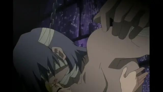 A woman with blue hair and a white headband is being held down and penetrated from behind by a dark-skinned man in a dungeon-like setting with purple-lit walls. Screenshot from Elfina: Yoru e to Urareta Oukoku de... - Episode 3