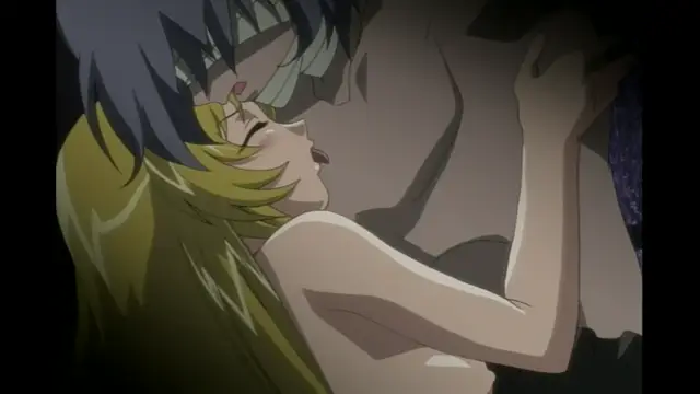 A blonde girl with closed eyes is being kissed on the lips by a shirtless man with dark hair. Screenshot from Elfina: Yoru e to Urareta Oukoku de... - Episode 3