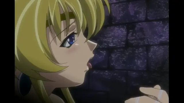 A close-up shot shows a blonde anime girl with blue eyes and a blushing face looking towards a hand reaching into the frame against a dark brick wall background. Screenshot from Elfina: Yoru e to Urareta Oukoku de... - Episode 3