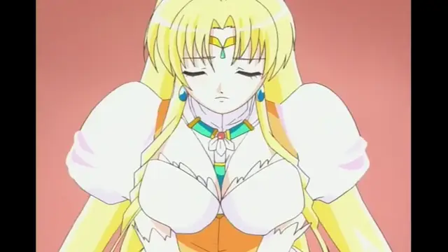 A blonde anime girl with a crown-like headpiece and white frilled outfit looks down with closed eyes and a neutral expression against a solid pink background. Screenshot from Elfina: Yoru e to Urareta Oukoku de... - Episode 3