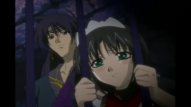 A long-haired man with gold earrings stands behind a captured girl with green eyes and a white maid headband, who is bound by vertical bars. Screenshot from Elfina: Yoru e to Urareta Oukoku de... - Episode 3