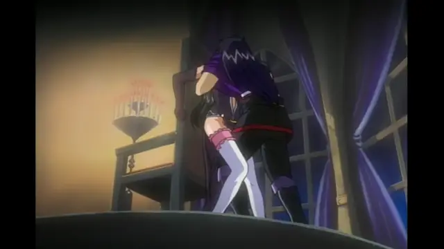 In a dimly lit room with purple curtains, a woman with long purple hair in a black and red outfit is bent over a chair while a man in a black suit stands behind her, engaged in sexual intercourse. Screenshot from Elfina: Yoru e to Urareta Oukoku de... - Episode 3