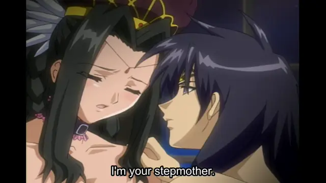 A close-up shot shows a woman with long black hair and a man with blue-black hair facing each other, with the subtitle reading "I'm your stepmother.". Screenshot from Elfina: Yoru e to Urareta Oukoku de... - Episode 3