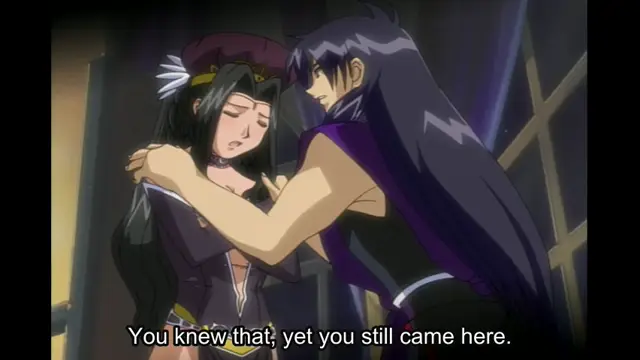 A man with long dark hair and a purple cape grabs a woman with long dark hair and a crown by her shoulders as he looks down at her with a smirking expression, while subtitles at the bottom read, "You knew that, yet you still came here.". Screenshot from Elfina: Yoru e to Urareta Oukoku de... - Episode 3