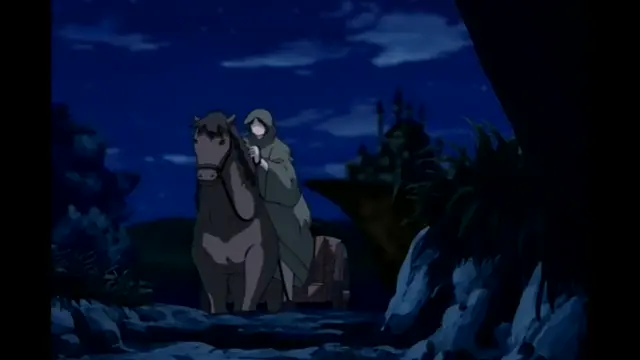 A hooded figure stands next to a horse at night in a forest landscape, with a small wagon visible in the background. Screenshot from Elfina: Yoru e to Urareta Oukoku de... - Episode 3