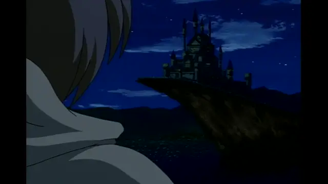 A girl with long hair looks out towards a large castle perched on a cliff under a starry night sky. Screenshot from Elfina: Yoru e to Urareta Oukoku de... - Episode 3