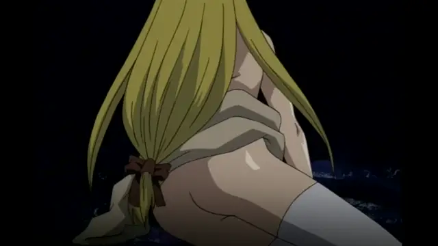 A blonde anime girl is shown from behind, bent over with her breasts exposed and her skirt pushed up, while she is being penetrated from behind. Screenshot from Elfina: Yoru e to Urareta Oukoku de... - Episode 3