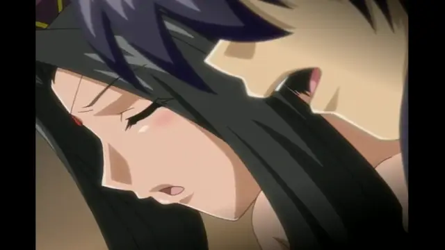 A close-up shot features a woman with long black hair and a red facial marking, shown with a blushing face and closed eyes while a man with blue hair is positioned closely behind her, pressing against her neck. Screenshot from Elfina: Yoru e to Urareta Oukoku de... - Episode 3