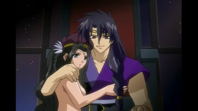 A tall, dark-haired man in purple robes stands behind a long-haired girl in a bikini, wrapping his arm around her shoulder while they face the viewer. Screenshot from Elfina: Yoru e to Urareta Oukoku de... - Episode 3