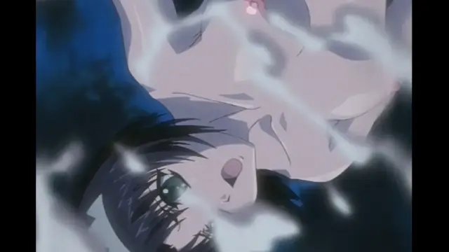 A pale-skinned man with light pink eyes and dark hair looms over a small, wide-eyed girl with dark hair and green eyes in a close-up shot filled with swirling white smoke. Screenshot from Elfina: Yoru e to Urareta Oukoku de... - Episode 3