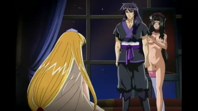 In a traditional Japanese room at night, a long-haired blonde woman sits in the foreground facing a man in a kimono who stands with his arm around a naked, black-haired woman. Screenshot from Elfina: Yoru e to Urareta Oukoku de... - Episode 3