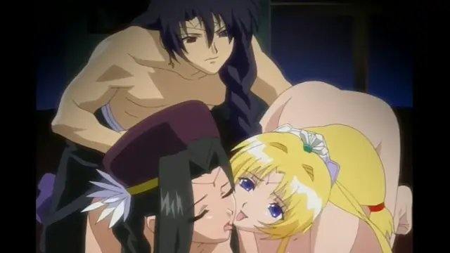 A man with long dark hair and a woman with long blonde hair are shown in an intimate embrace, while a man with dark hair and a muscular build looms behind them. Screenshot from Elfina: Yoru e to Urareta Oukoku de... - Episode 3