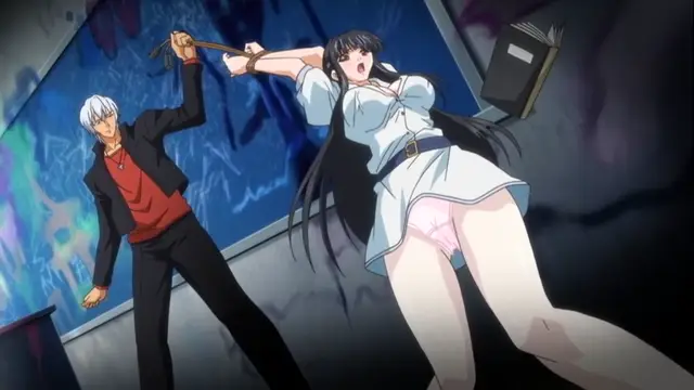 A white-haired man in a red shirt and black jacket holds a wooden mallet over a black-haired girl in a white dress who is falling backward with a book flying out of her hands against a blue graffiti wall. Screenshot from Rin x Sen - Episode 1