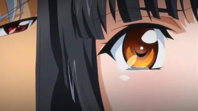 A close-up shot shows an anime girl with black hair and amber eyes crying, with another character's eyes visible in the background. Screenshot from Rin x Sen - Episode 1