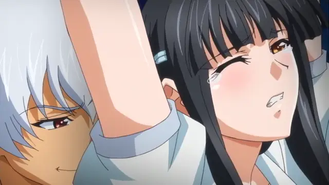A black-haired girl with flushed cheeks and a dazed expression looks up with one eye closed while a man with white hair peers at her from the bottom left. Screenshot from Rin x Sen - Episode 1
