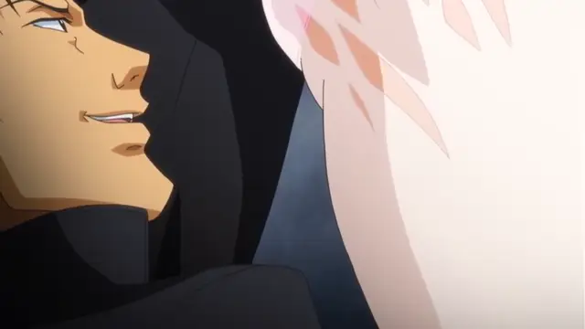 A man with a sly smirk looks on as a woman with long, light pink hair is positioned very close to his face. Screenshot from Rin x Sen - Episode 1