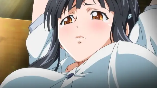 A blushing anime girl with long black hair and brown eyes lies on her back with a dazed expression, wearing a light blue school uniform. Screenshot from Rin x Sen - Episode 1